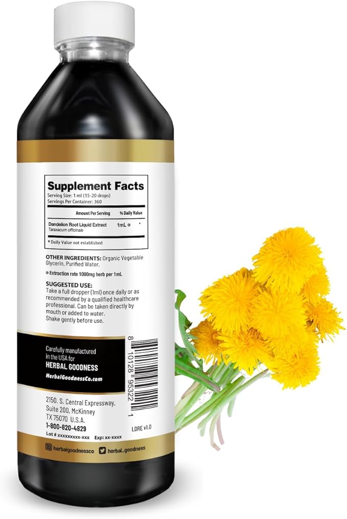 Herbal Goodness Dandelion Root Extract Liquid – Organic Herbal Supplement for Liver Health & Gut Support | Alcohol-Free Plant-Based Non-GMO, Vegan, Gluten Free Dandelion Root Tea Tincture 12 fl.oz
