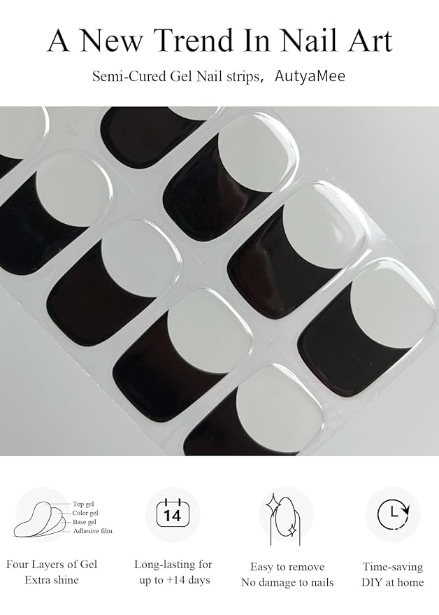 Semi Cured Gel Nail Strips (Black French), 20 Pcs Gel Nail Wraps, Stickers, UV Light Required, Salon Quality, Long Lasting