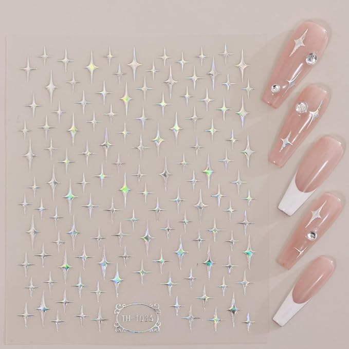 Aurora Star Nail Art Stickers Decals, 3 Designs Pegatinas Uñas Glitter Holographic Star Self-Adhesive Nail Art Design Decoration Accessories for DIY Decoration Stencil Tools