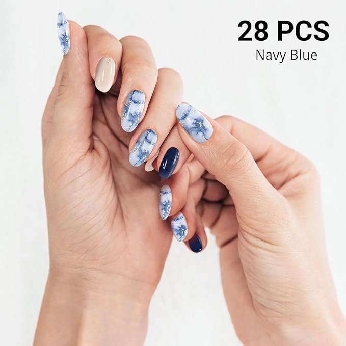 Semi Cured Gel Nail Strips (Dark Blue), 28 pcs Gel Nail Stickers, Work with Any UV Lights, Long-Lasting NailWraps for Women Art DIY, Salon-Quality, Easy to Apply & Remove