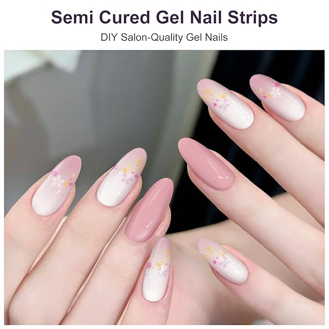 Semi Cured Gel Nail Strips,28 PCS Nail Wraps for Women(Flower),Gel Stickers for Nails UV Light, Includes Prep Pads, NailFile & Wood Stick