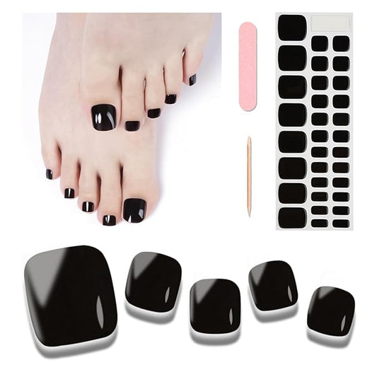 Semi Cured Gel Toenail Strips, 32 Black Gel Toenail Stickers - Works with Any UV Lamps Pedicure Strips Full Nail Wraps with Nail File & Wood Stick