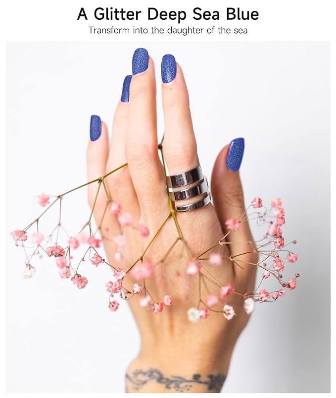 Semi Cured Gel Nail Strips (Glitter Deep Sea Blue), 28 pcs UV Gel Nail Stickers for Women Work with Any UV Lamps, Salon Quality Nails Wraps for Home DIY Nails Art