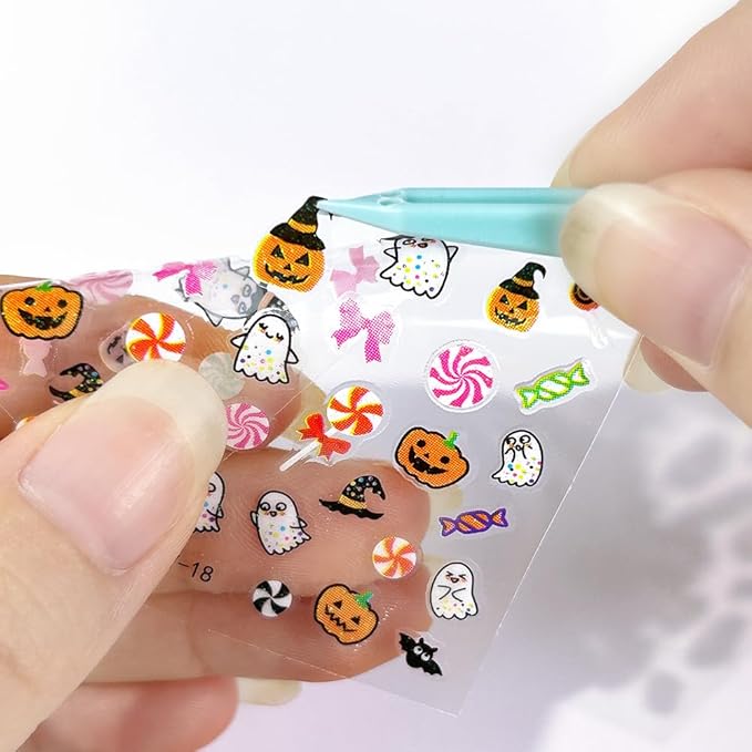 ONPRESS 30Sheet Halloween Nail Stickers Pumpkin Ghost Face Nail Art Stickers 3D Self-Adhesive Spider Web Cat Bat Nail Decals Skull Witch bow Nail Accessories for Women Girls Acrylic Manicure Supplies