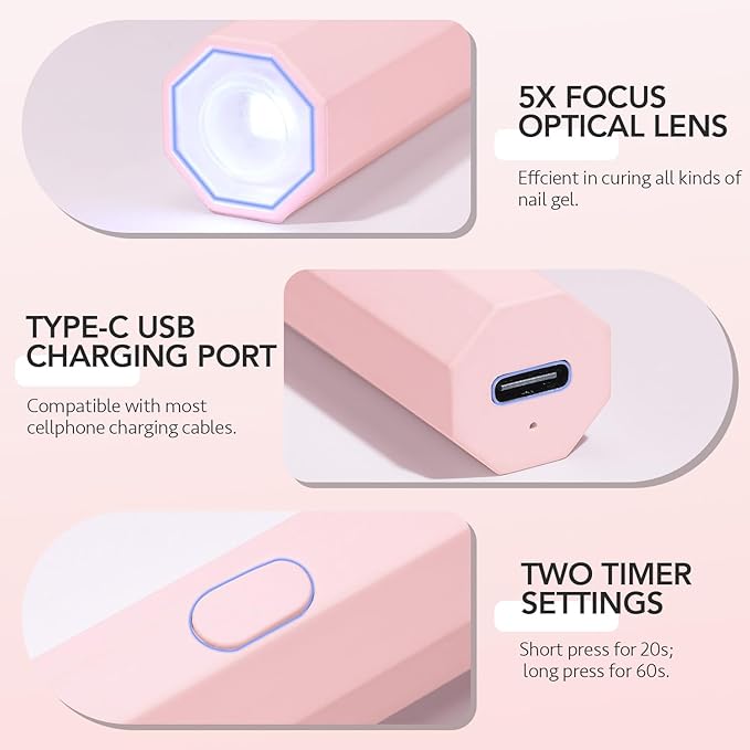GAOY Handheld UV Light for Gel Nails, Mini Nail Lamp, Portable Cordless Rechargeable, Fast Curing, Octagon Pink