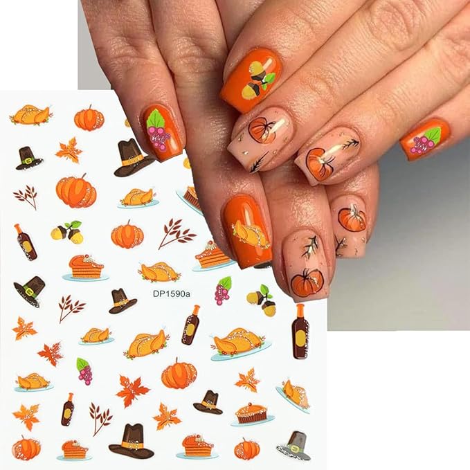 Autumn Nail Stickers Pumpkin Nail Art Stickers Fruit Nail Decals Fallen Leaves Maple Leaf Pear Grapes Hat Design Orange Thanksgiving Sticker for Nails DIY Manicure Decoration for Women 6 Sheet