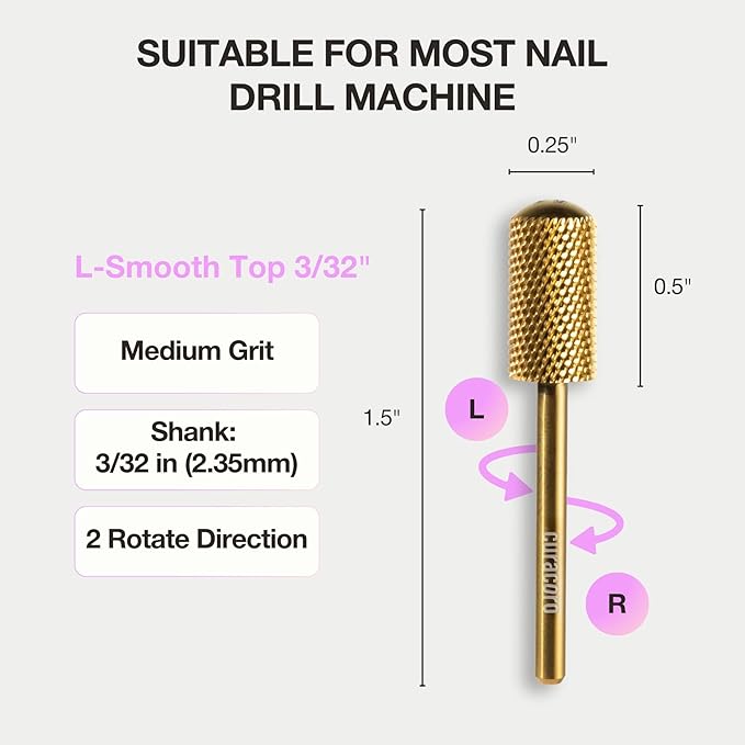 Curacoro Nail Drill Bits 3/32'' - L-Shaped Smooth Stop Barrel Carbide Bit (Medium) for Professional Finish, Refine & Smooth Acrylic or Gel Nails, Nail Art Pedicure Manicure Salon & Home