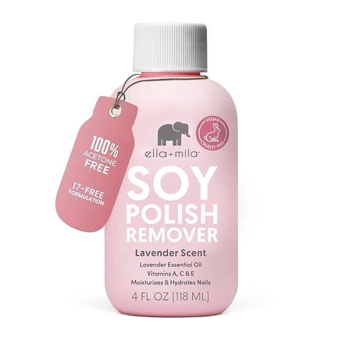 ella+mila Soy Nail Polish Remover - Non-Acetone, Non-Toxic Fingernail Polish Remover for Natural Nails - Gentle, Vegan Formula with Lavender Oil & Vitamins A, C & E (4 fl oz)
