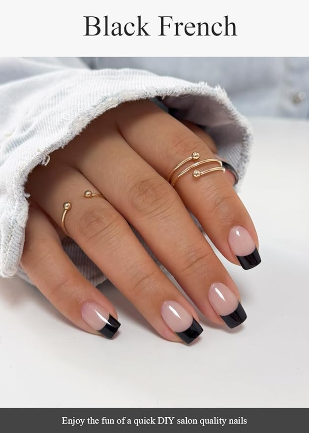 Semi Cured Gel Nail Strips (Black French), 20 Pcs Gel Nail Wraps, Stickers, UV Light Required, Salon Quality, Long Lasting