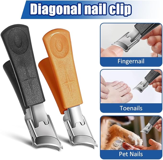 Wide Jaw Opening Anti-Splash Slanted Nail Clipper, 2025 Curved Toenail Clippers for Thick Toenails Fingernail and Toenail Clipper Cutters Angled Nail Clippers (Black+Orange, 2Pack)