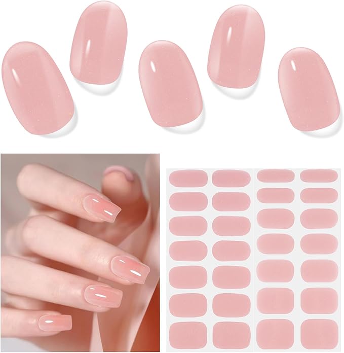 Semi Cured Gel Nails Strips - 28 pcs UV Gel Nail Stickers for Women Work with Any UV Lamp, Long Lasting Nail Wraps for Home DIY Nails Art (Jelly Rose)