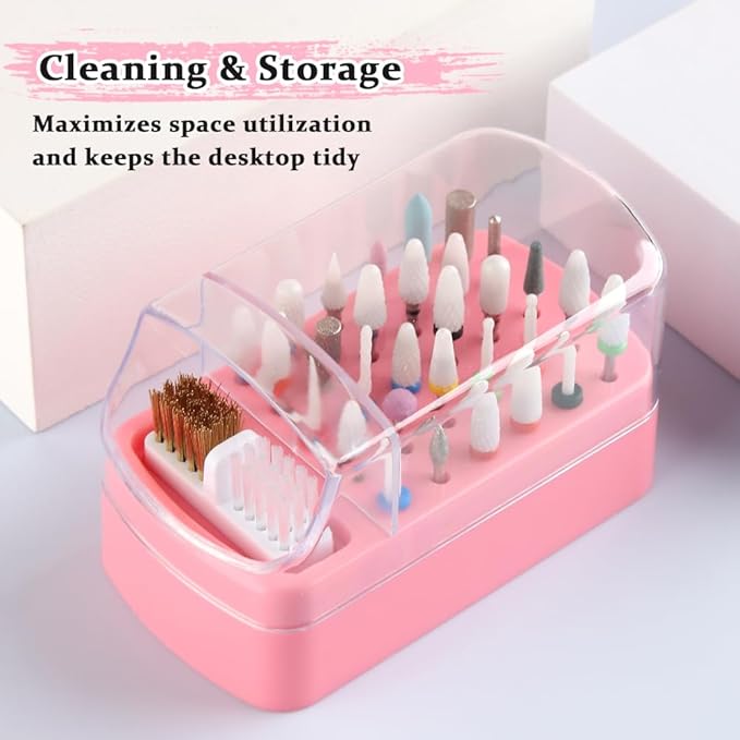 2 in 1 Nail Drill Bits Holder with Cleaning Brush, 30 Holes Dustproof Stand Display Organizer Storage Box , Cleaning Tungsten Carbide Ceramic Nail Drill Bits Cuticle Manicure Tools