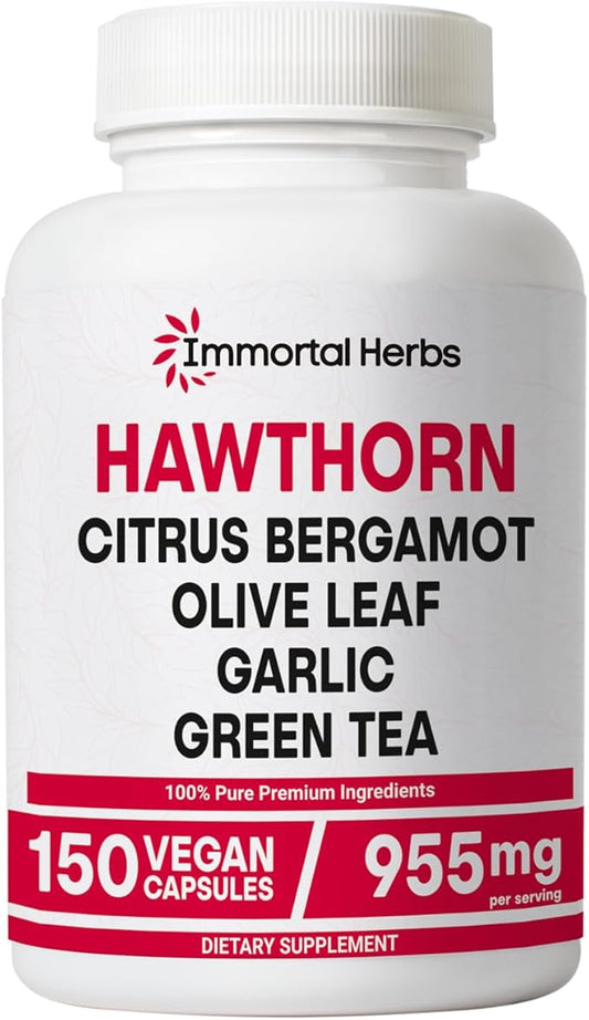 Hawthorn Berry Capsules, 6-in-1 Extract w/Olive Leaf, Citrus Bergamot, Garlic, Green Tea & Black Pepper, 150 Pills, Non-GMO & Gluten-Free Hawthorne Berry Supplement