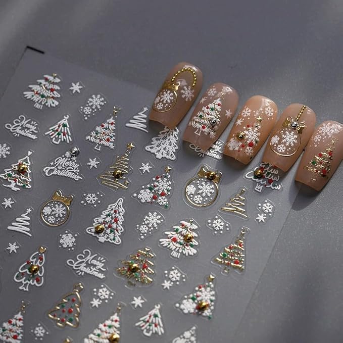Christmas Nail Art Stickers 5D Christmas Tree Snowflake Nail Decals with Pearl 1PCS White Gold Xmas Tree Crystal Ball Snowflakes Design Self-Adhesive Holiday Stickers for Nails Manicure Decoration