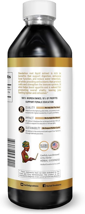 Herbal Goodness Dandelion Root Extract Liquid – Organic Herbal Supplement for Liver Health & Gut Support | Alcohol-Free Plant-Based Non-GMO, Vegan, Gluten Free Dandelion Root Tea Tincture 12 fl.oz