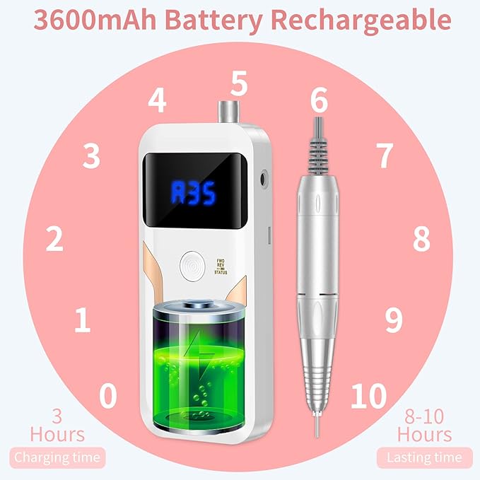 Portable Nail Drill Professional 35000 RPM, MOCOWIND Rechargeable Electric Nail File Machine E File for Acrylic Gel Polishing Removing, Cordless E-File with Bits Kit for Manicure Salon Home, White