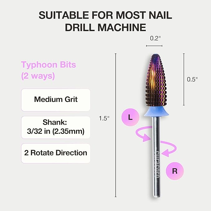 Curacoro Nail Drill Bits 3/32'' - Typhoon Bits, 2 Way, Carbide Bit (Medium) for Professional Finish, Fast Remove, Refine & Smooth Acrylic or Gel Nails, Precise & Easy Control, Nail Art Salon & Home