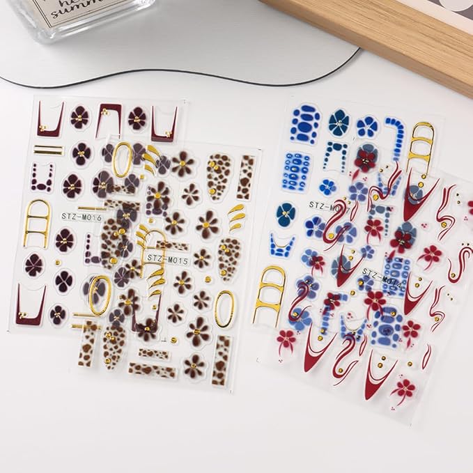 Flower Nail Art Stickers Decals French Tip Flower Nail Decals 4PCS Brown Wine Red Blue Flowers Petals Golden Circle Polka Dot Design Nails Adhesive Stickers for Women Fall Winter Nail Art Decorations