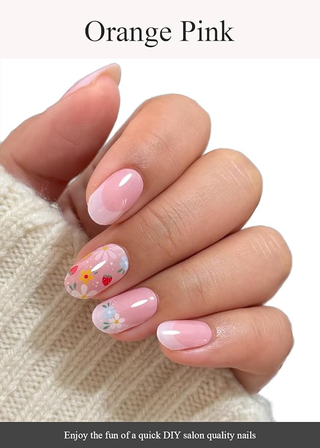 Semi Cured Gel Nail Strips (Orange Pink), Daisy, French Flower, 20 Pcs Gel Nail Wraps, Stickers, UV Light Required, Salon Quality, Long Lasting