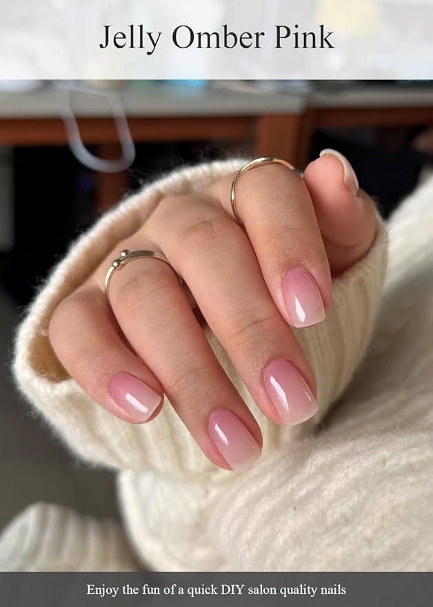 Semi Cured Gel Nail Strips (Jelly Omber Pink), 20 Pcs Gel Nail Wraps, Stickers, Salon Quality, Long Lasting, Works With Any Lamps