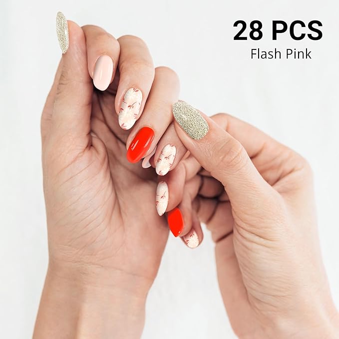 Semi Cured Gel Nail Strips, Flash Pink | 28 PCS Solid Color Gel Nail Strips Works with UV Light, Salon Quality Nails Stickers Full Nails Wraps