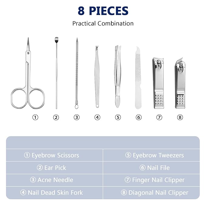 Lasnten 24 Set Christmas Manicure Set Bulk Nail Clippers Grooming Nail Kit Stainless Steel Professional Pedicure Kit Pedicure Tools with Travel Case Gifts for Xmas Men Women(8 in 1,Gray, Silver)