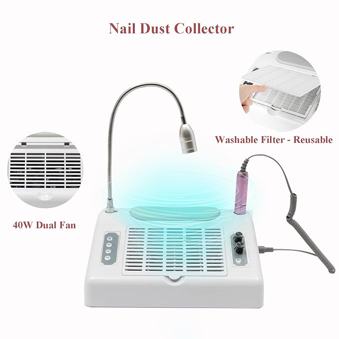 TFCFL 5 in 1 Nail Dust Collector, Professional Nail Vacuum Dust Collector + Electric Nail Drill + 96W UV Gel Nail Dryer Lamp + Hand Cushion + Desk Lamp for Salon & Home