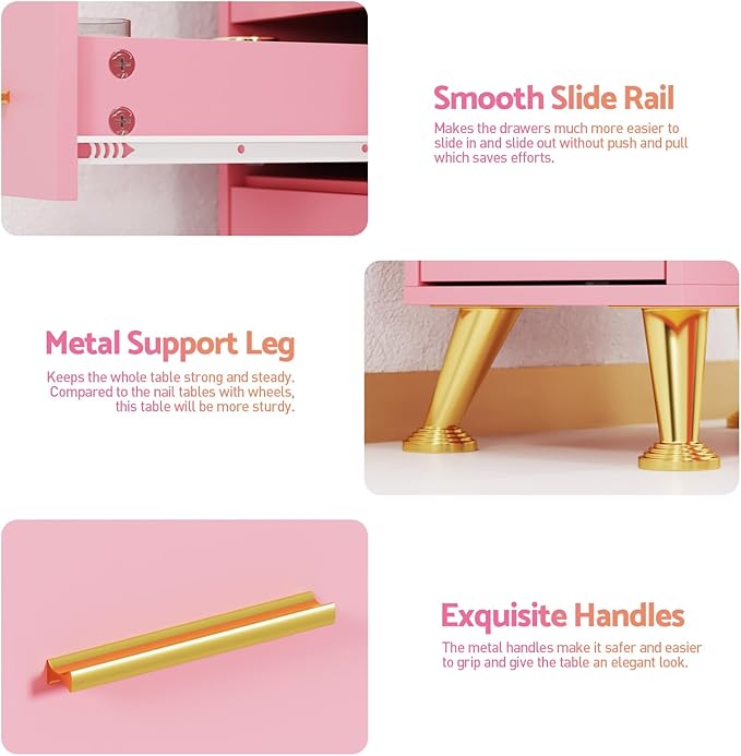 Manicure Table Nail Desk with Glass Top & Wrist Rest, Nail Station with Dust Collector & 4 Dust Bags, Beauty Salon Workstation with Storage Drawers & Cabinet (Pink)