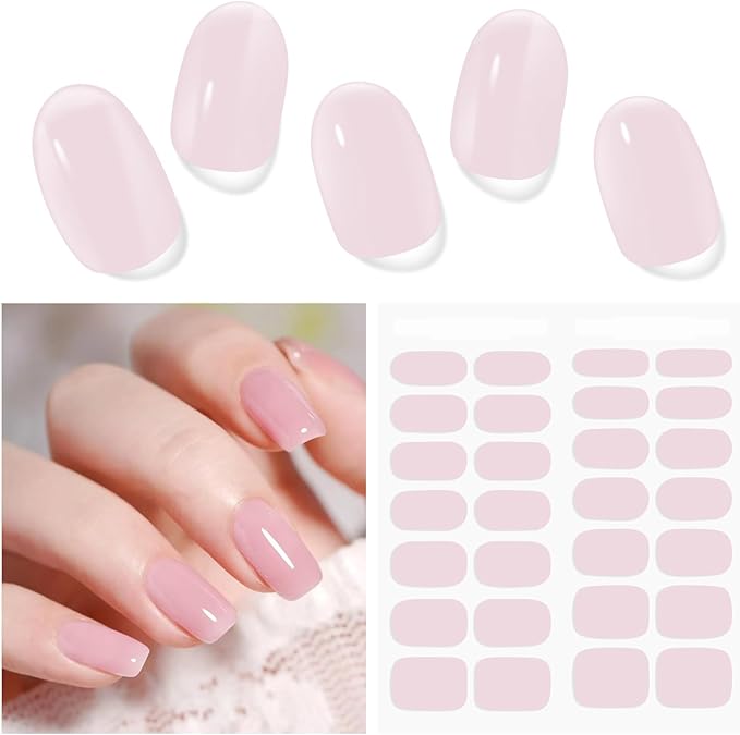 Semi Cured Gel Nail Strips | 28 PCS Bare Pink Gel Nail Stickers Work with Any UV Lamps, Long Lasting Nails Wraps for Women Home DIY Nails Art