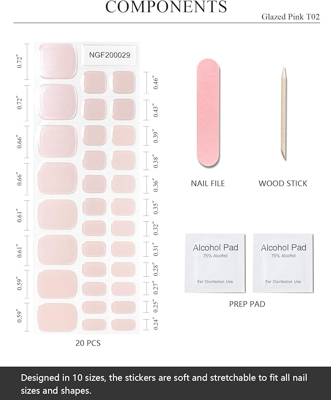 Semi Cured Gel Toenail Strips (Glazed Pink T02), 32 Pcs Gel Pedi Stickers, Wraps, UV Light Required, Salon Quality, Long Lasting