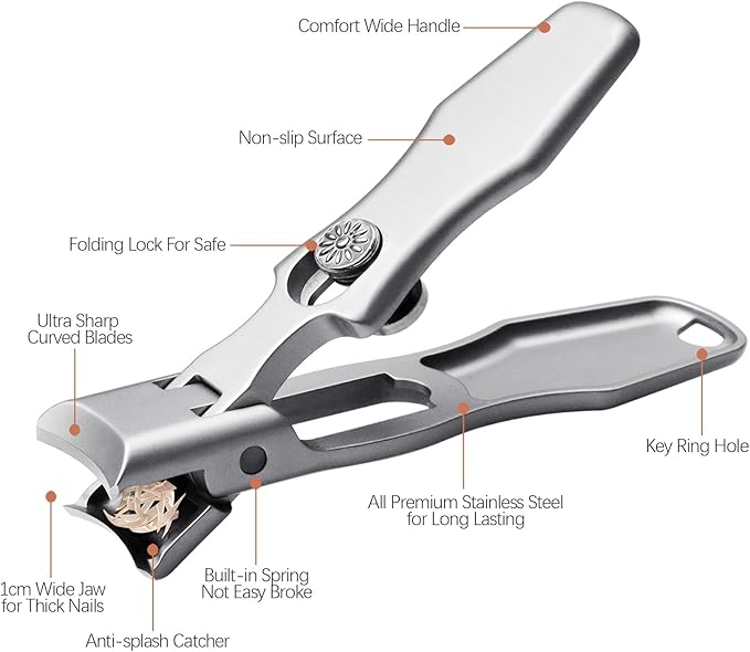 Nail Clippers for Men Thick Nails Large Wide Jaw Opening Toenails Clippers for Seniors Long Handle Heavy Duty Portable Ultra Sharp Fingernail Cutter with Catcher for Adult Women (Silver Set)