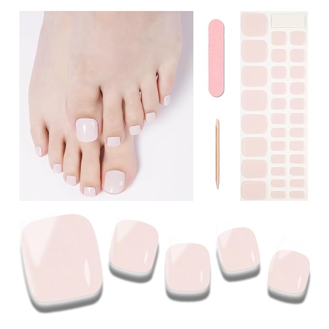 Semi Cured Gel Toenail Strips, 32 Nude Gel Toenail Stickers - Works with Any UV Lamps Pedicure Strips Full Nail Wraps with Nail File & Wood Stick