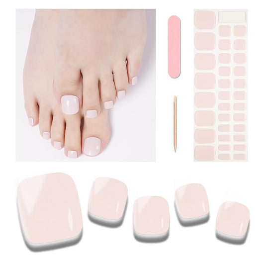 Semi Cured Gel Toenail Strips, 32 Nude Gel Toenail Stickers - Works with Any UV Lamps Pedicure Strips Full Nail Wraps with Nail File & Wood Stick