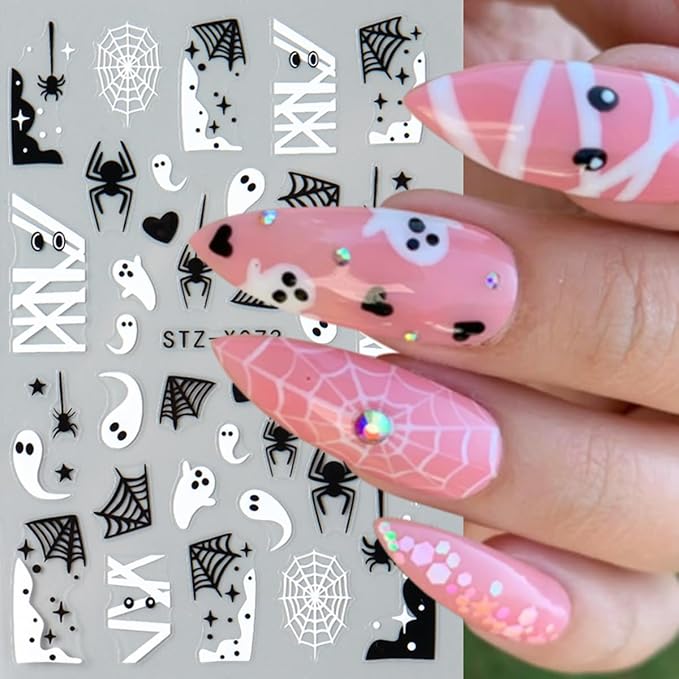 Halloween Nail Art Stickers Halloween Ghost Spider Web Nail Decals 6PCS Cute Ghost Love Heart Spider Web Boo Spider Blood Drip Self-Adhesive Nail Art Supplies Manicure Stickers for Holiday Nail Design