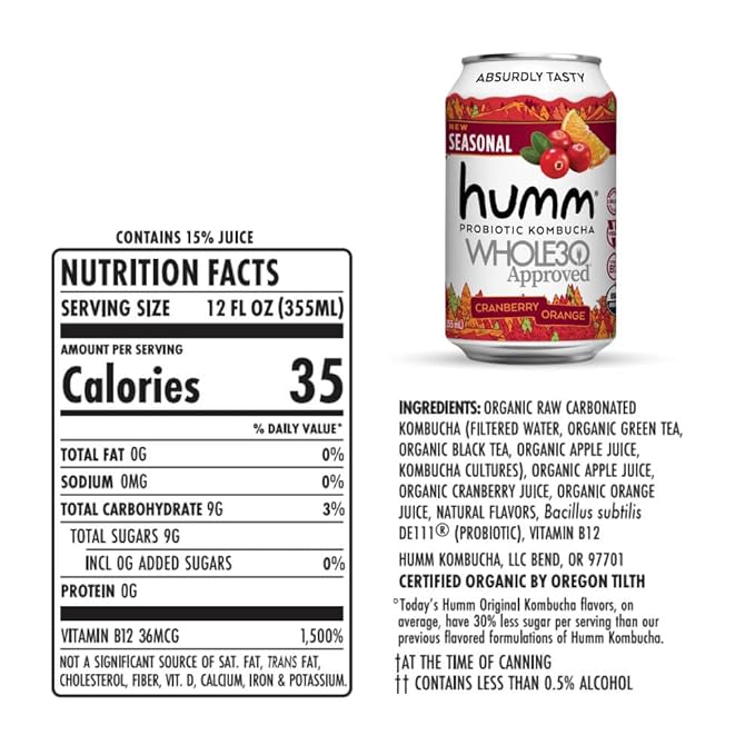 Humm Whole30 Approved Kombucha, Cranberry Orange, Organic, Vegan & GMO Free (24 Pack)