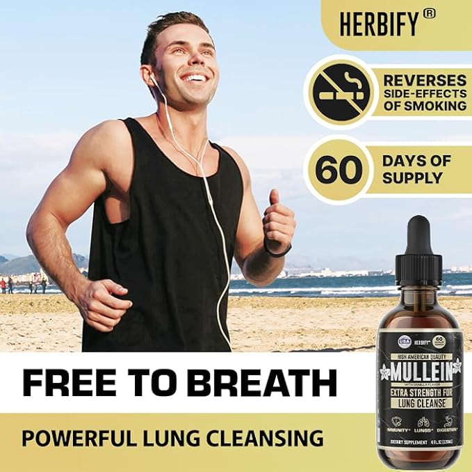 HERBIFY Mullein Drops - Lung Cleanse - Leaf Extract - Powerful Mullein for Immune Support, Detox & Respiratory Support - Made in USA - 4 Oz Vanilla Flavor