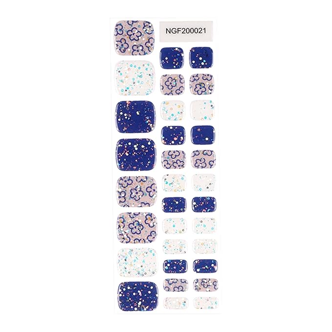 Semi Cured Gel Toenail Strips, 32 Sapphire-Blue Flower Gel Toenail Stickers - Works with Any UV Lamps Pedicure Strips Full Nail Wraps with Nail File & Wood Stick