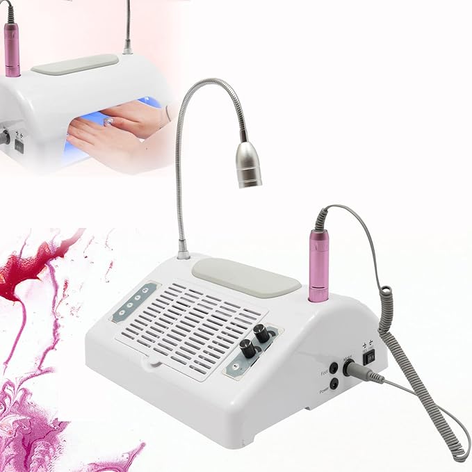 TFCFL 5 in 1 Nail Dust Collector, Professional Nail Vacuum Dust Collector + Electric Nail Drill + 96W UV Gel Nail Dryer Lamp + Hand Cushion + Desk Lamp for Salon & Home