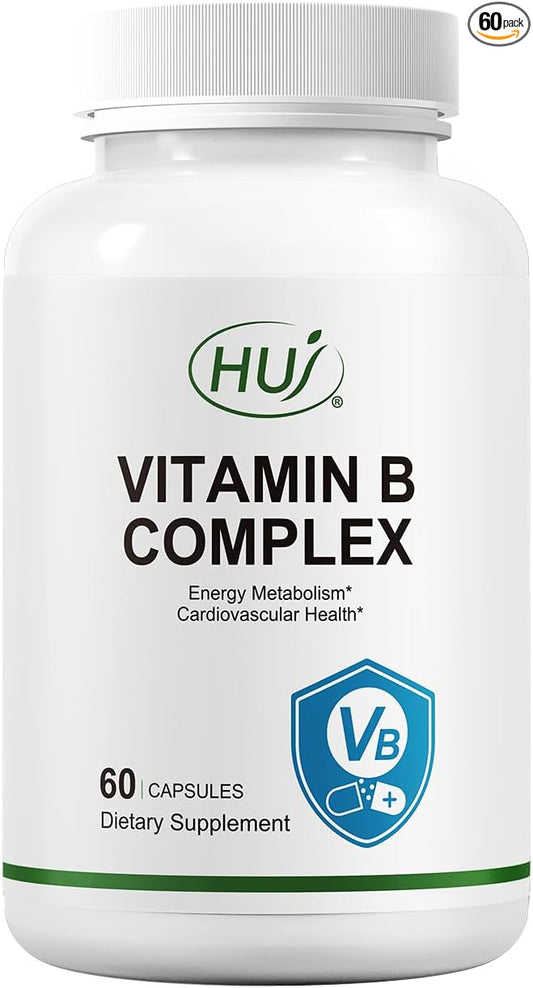 HUJ Vitamin B Complex - B Vitamins Supplement to Support Energy Metabolism, Cardiovascular Health - 60 Capsules
