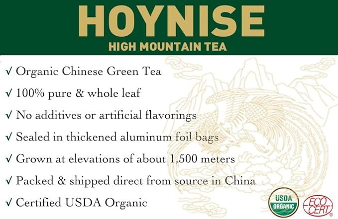 HOYNISE - USDA Organic Green Tea Loose Leaf - High Antioxidant - Zero Artificial Flavorings & Additives - Enjoy Hot or Iced - High Mountain Grown,100g/3.5oz