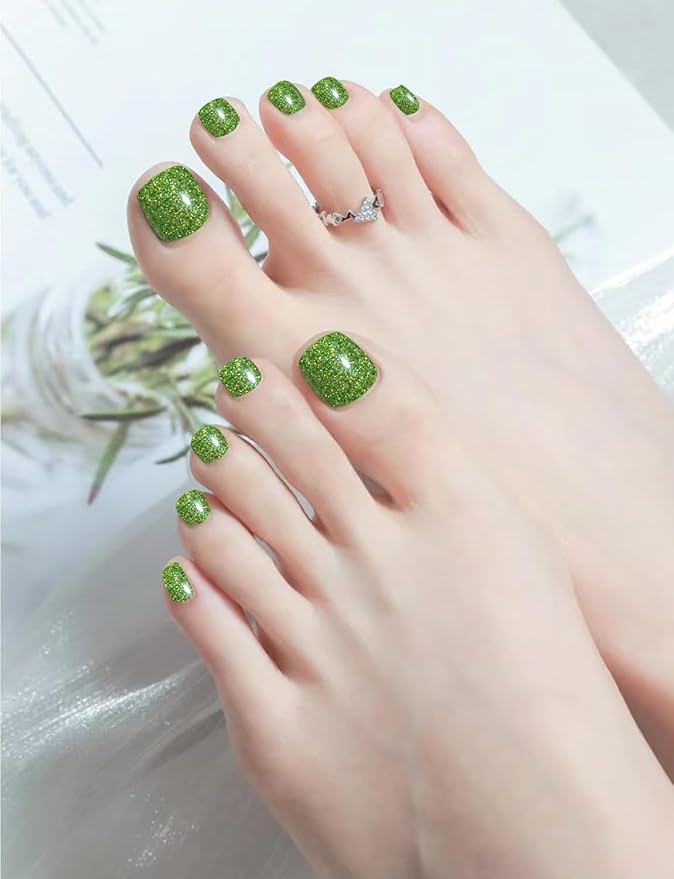 Semi Cured Gel Toenail Strips, 26 Green Glitter Gel Toe Nail Stickers, Works with Any UV Lamps