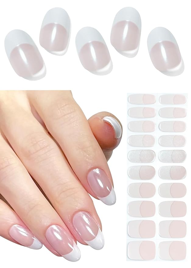 Semi Cured Gel Nail Strips, 20pcs Glazed French Gel Nail Stickers for Home Nails DIY
