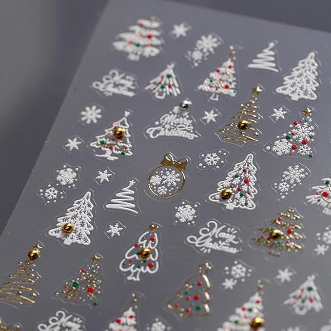 Christmas Nail Art Stickers 5D Christmas Tree Snowflake Nail Decals with Pearl 1PCS White Gold Xmas Tree Crystal Ball Snowflakes Design Self-Adhesive Holiday Stickers for Nails Manicure Decoration