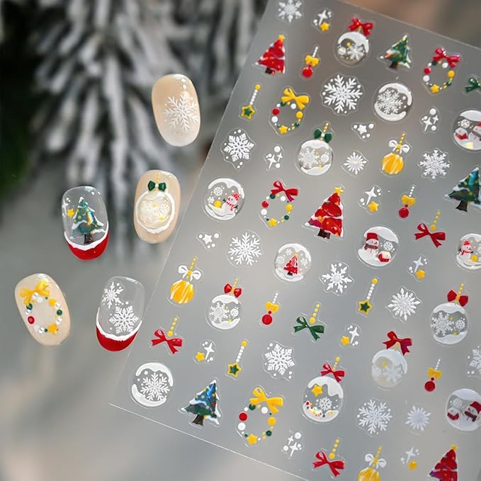1 Sheet Christmas Nail Art Stickers Snowflake Nail Decals Bow Star Red Green Yellow Ball Christmas Nail Design Relief Wreath Stickers for Manicure Supplies for Women Nail Decoration