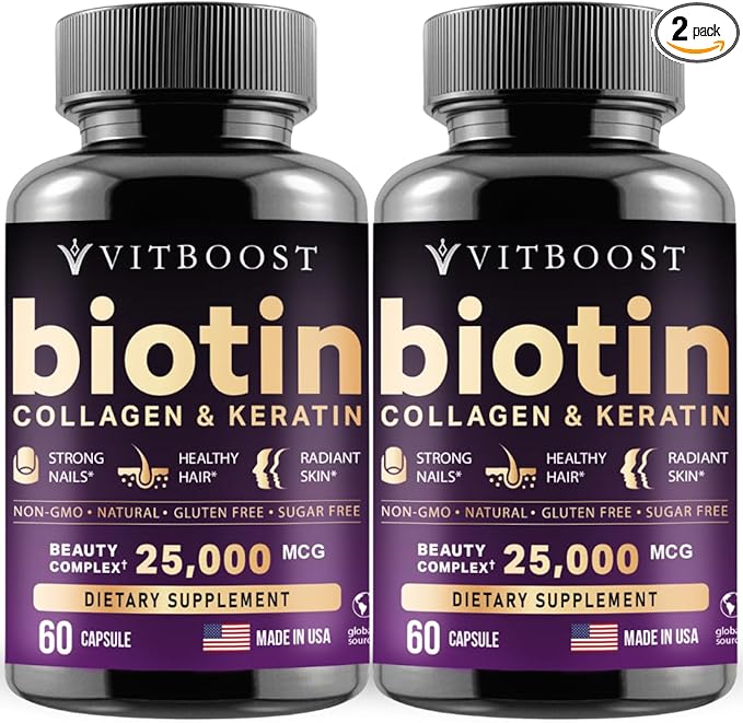 Biotin with Hyaluronic Acid, Collagen and Keratin – 25000 mcg Hair Growth Vitamins for Men and Women – Nails and Skin, USA Made - Third Party Tested, B1, B2, B3, B6, B7 Complex - 120 Capsules