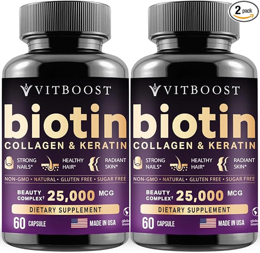 Biotin with Hyaluronic Acid, Collagen and Keratin – 25000 mcg Hair Growth Vitamins for Men and Women – Nails and Skin, USA Made - Third Party Tested, B1, B2, B3, B6, B7 Complex - 120 Capsules