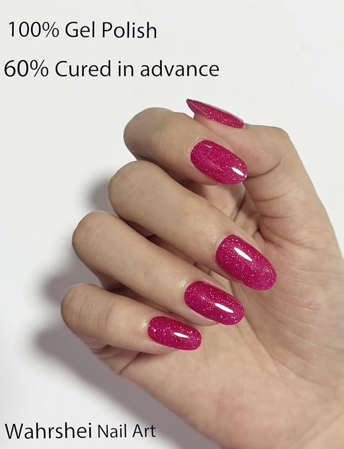 Semi Cured Gel Nail Strips, 20pcs Berry Pink, Glitter Gel Nail Stickers UV for Home Nails DIY