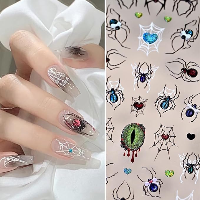 1Pcs Halloween Spider Nail Art Stickers 5D Embossed with Crystal Spider Nails Decals Glitter Heart Eyes Spiders Web Design Goth Nail Stickers Horror Halloween Nails Supplies for Women Acrylic Manicure