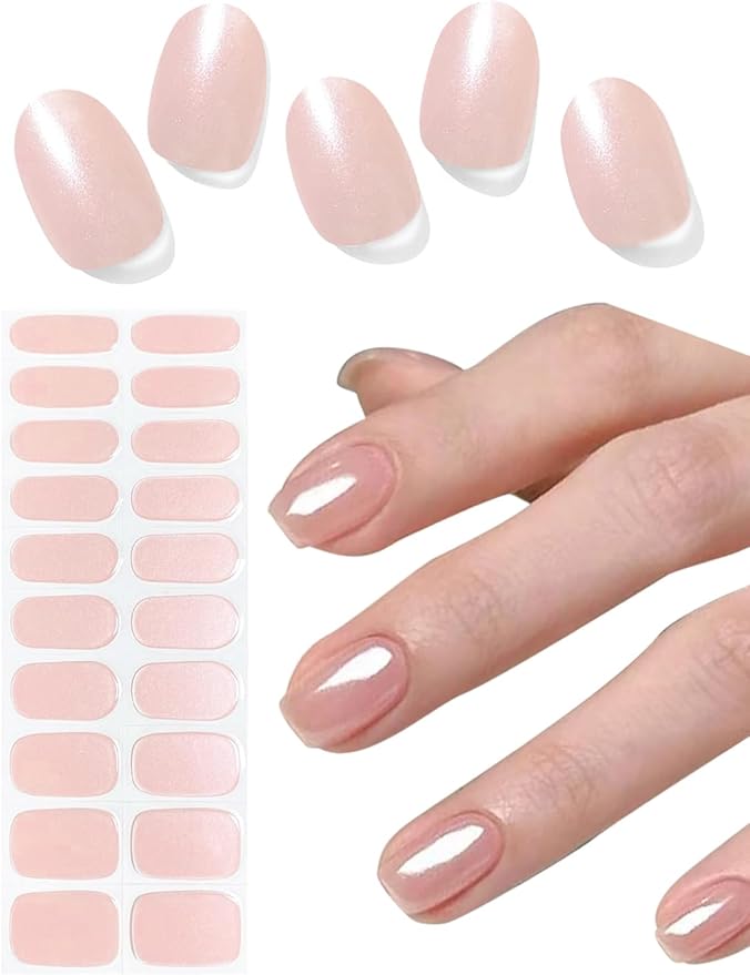 Semi Cured Gel Nail Strips, 20pcs Glazed Donut Pink Gel Nail Stickers for Home Nails DIY