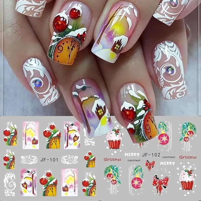 12 Sheets Christmas Nail Stickers Water Transfer Nail Decals Santa Claus Snowman Elk Penguin Nail Art Stickers Pine Winter Nail Art Supplies for Women Xmas Nail Art Decorations